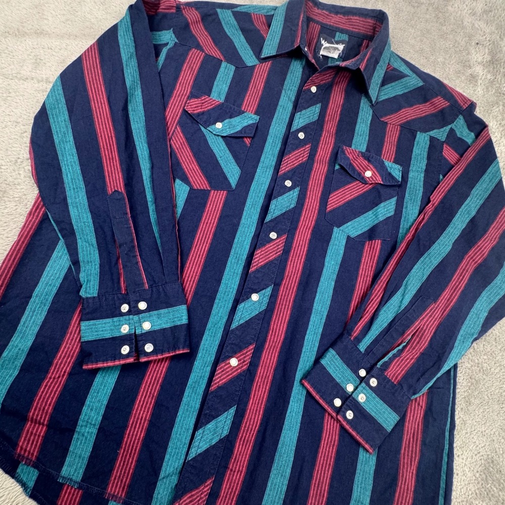 Wrangler‎ Western Shirt Mens 17x35 Blue Striped Excellent Pearl Snap Long Sleeve